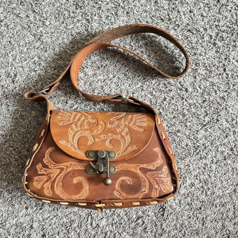 Beautiful Well Made Leather Shoulder Bag Hand TOOLED Dragon Flower Brown Small
